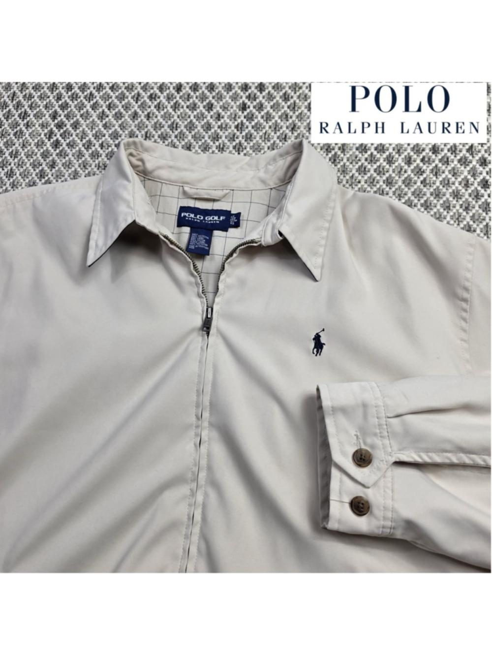 Vintage Polo Golf Ralph Lauren Mens L Beige Harrington Jacket Pony Full Zip
